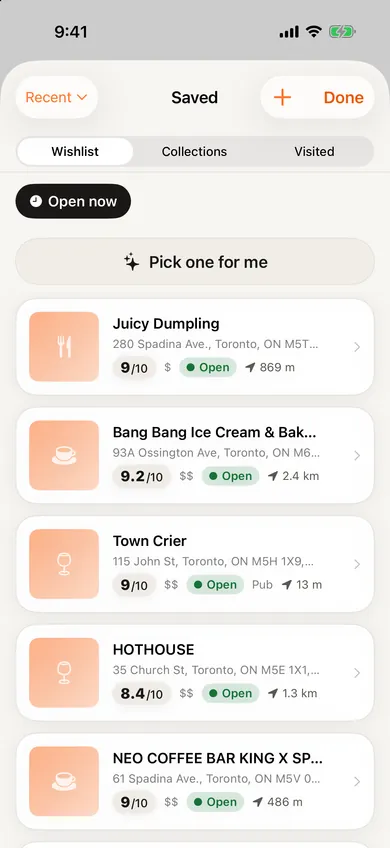 The Locaro Wishlist with the Open now filter