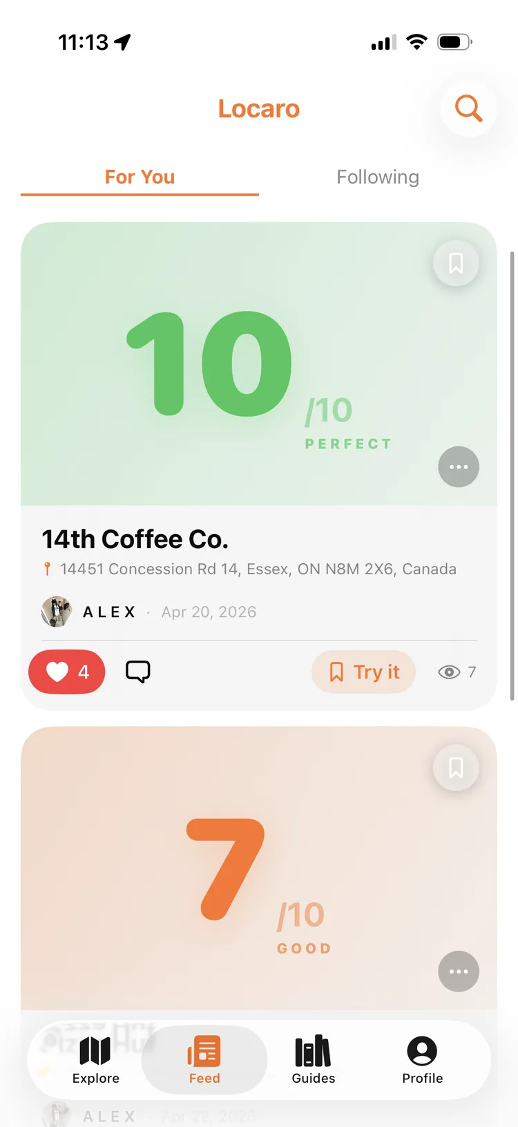 Locaro feed with friend ratings